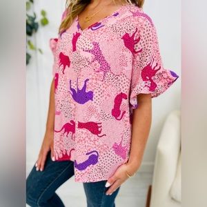 ENTRO V Neck Bright Pink Cheetah Blouse